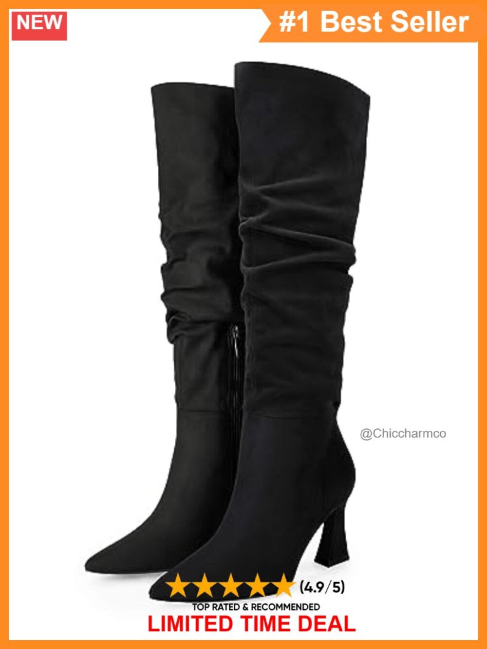 Slouchy Knee High Boots Wide Calf Pointed Toe Chunky Heel Faux Leather